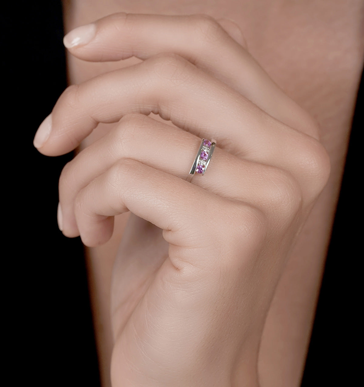 9K White Gold Diamond and Pink Sapphire Ring